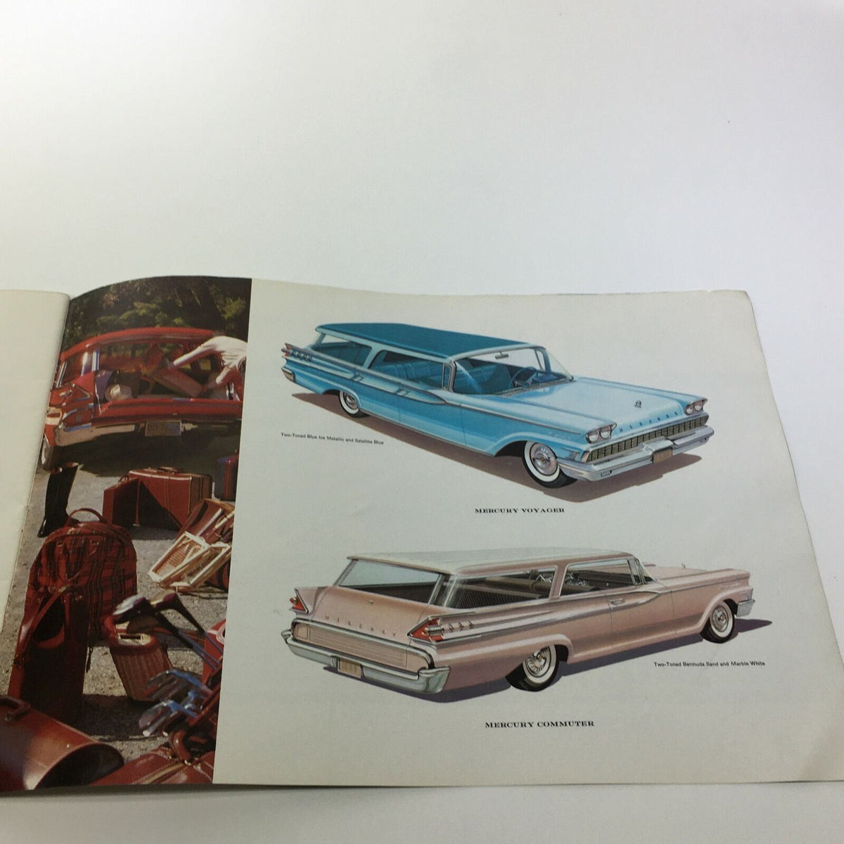 A page from the 1959 Mercury America's Liveliest Luxury Car Monterey 2-Door Sedan Car Brochure showcasing the Mercury Voyager in blue and the Mercury Commuter in a two-toned color scheme, featuring detailed illustrations.