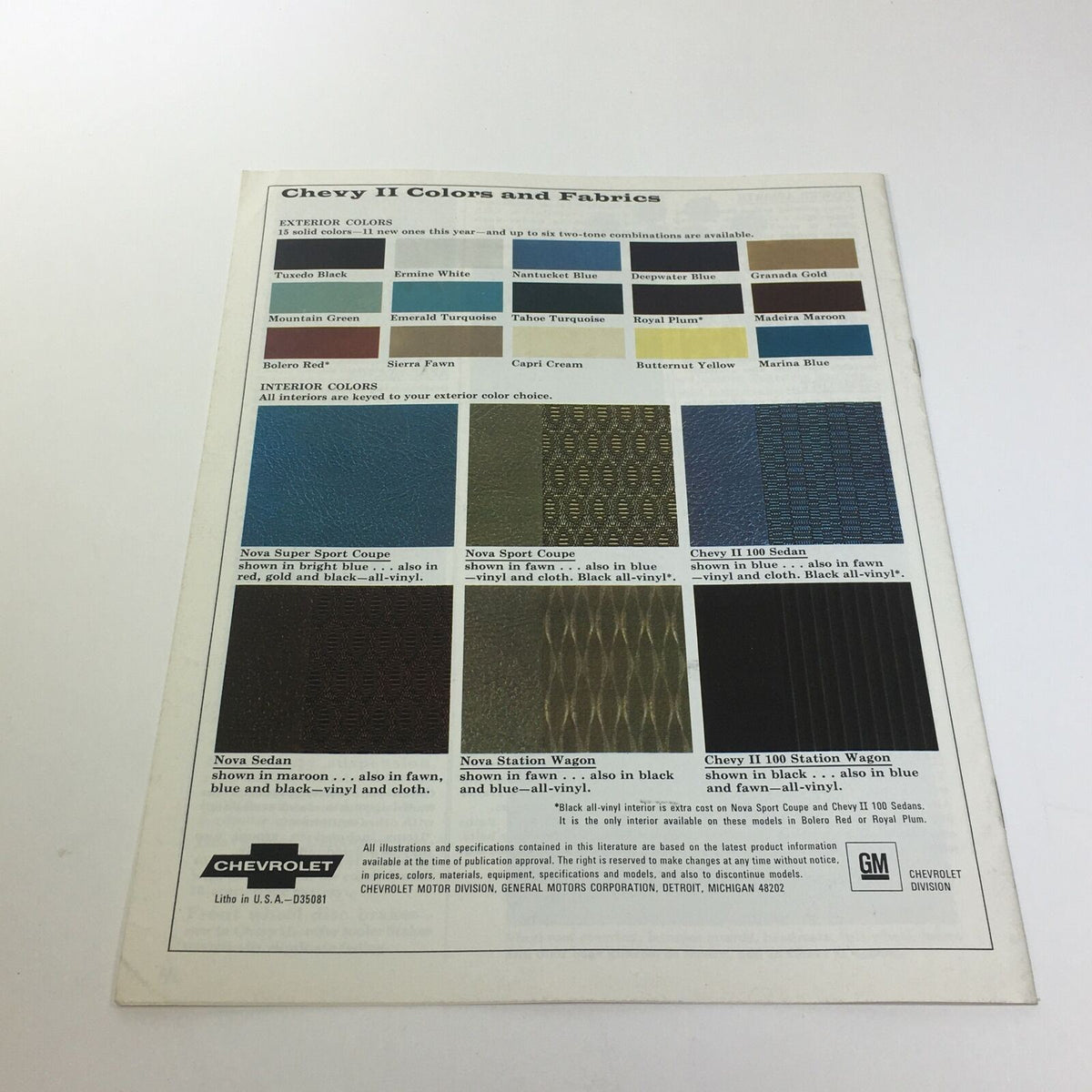 Chevy II Colors and Fabrics showcasing various interior colors and materials from the 1967 Chevelle by Chevrolet SS 396 catalog. Detailed visual representation for car enthusiasts and collectors.