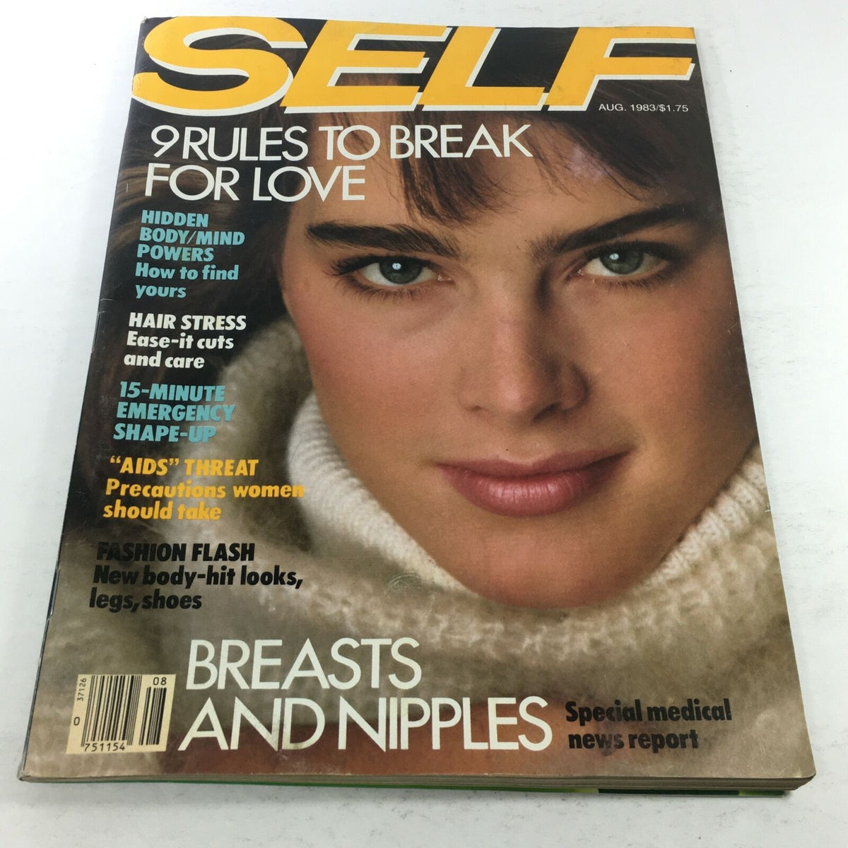 VTG Self Magazine August 1983 featuring Brooke Shields on the cover, showcasing the headline '9 Rules to Break for Love' and other key articles reflecting 80s fashion and lifestyle.