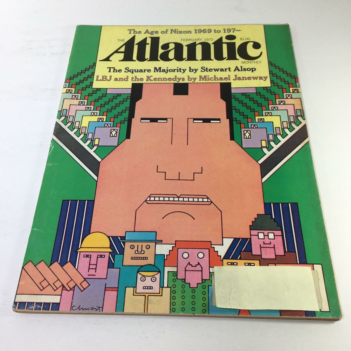 The Atlantic Magazine, February 1972, featuring the cover titled 'The Age of Nixon 1969 to 197.' The colorful illustration depicts a large face and stylized figures, reflecting the political themes of the era.