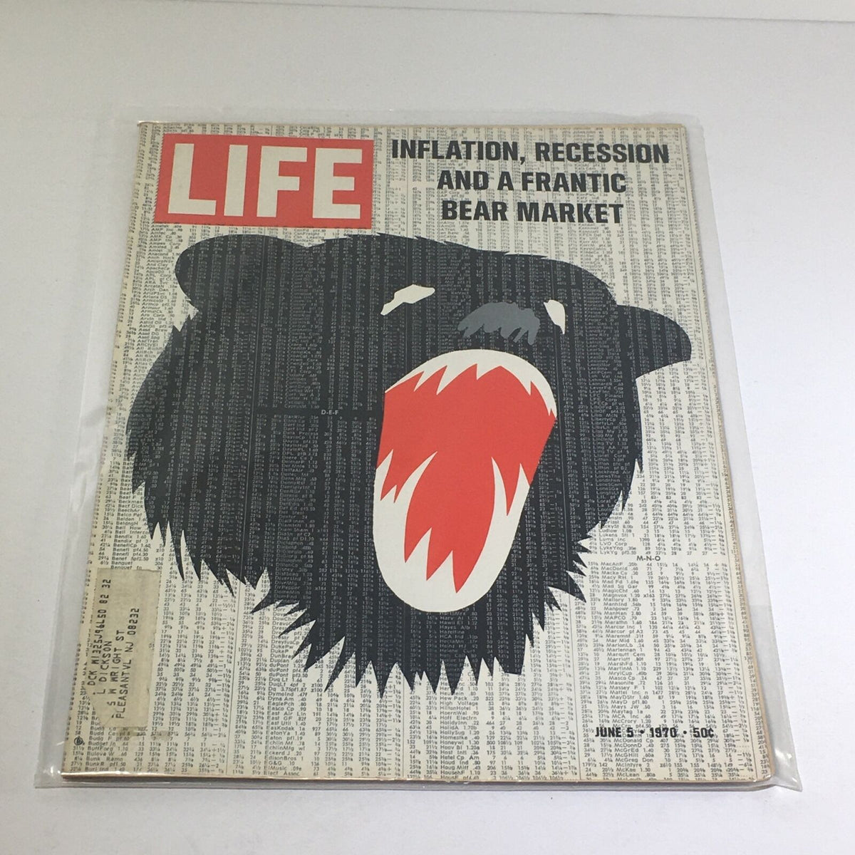 Cover of Life Magazine from June 5, 1970, featuring a bold illustration of a roaring bear with the title 'Inflation, Recession and A Frantic Bear Market'. This vintage magazine provides insights into the economic challenges of the 1970s.