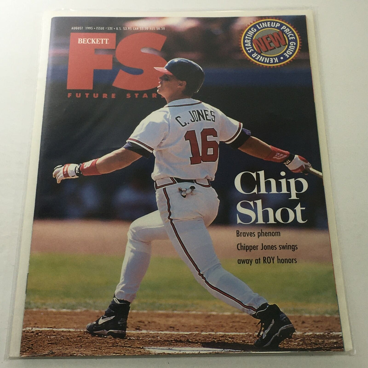 Cover of Beckett Future Stars August 1995 Issue #52E featuring Chipper Jones in action, showcasing his signature swing. The cover highlights 'Chip Shot' and notes his achievements as a Braves phenom.