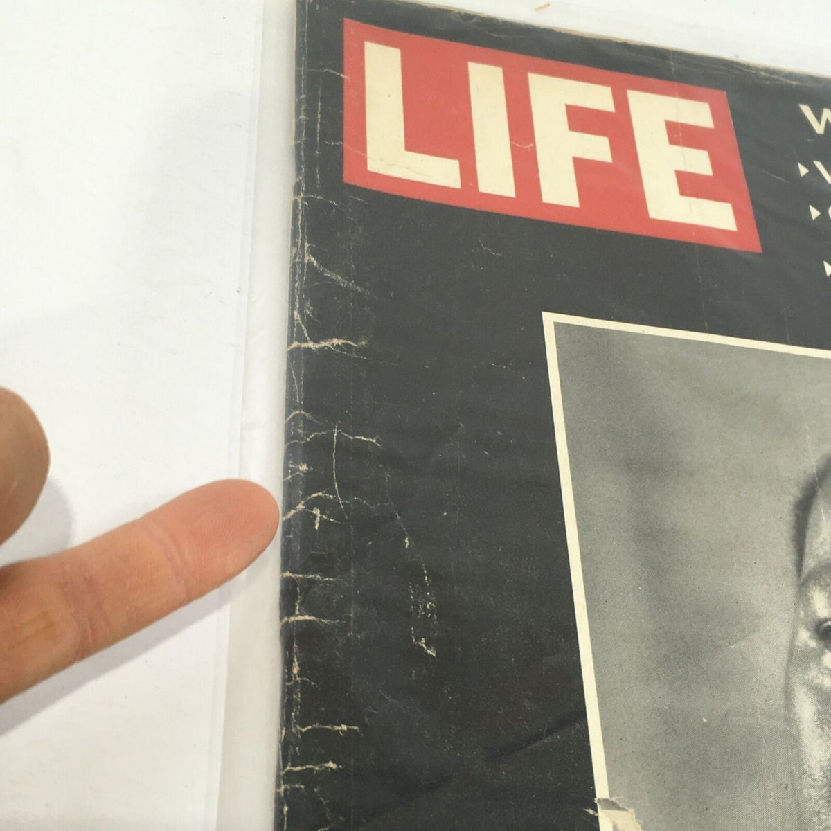 Vintage Life Magazine cover detail showing wear, featuring the title 'Life' from April 12, 1968, related to Martin Luther King Jr.