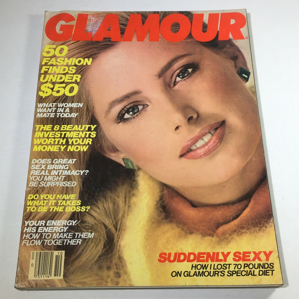 Vintage Glamour Magazine from October 1980 featuring Kelly Emberg on the cover, highlighting fashion and beauty insights of the early 80s. This classic issue includes articles on weight loss, beauty investments, and relationship advice, perfect for collectors and enthusiasts.