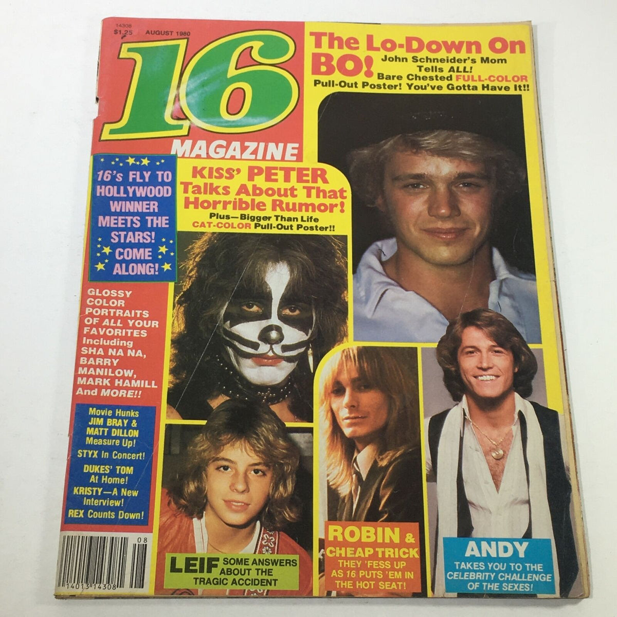 Cover of VTG 16 Magazine: August 1980 featuring John Schneider, Peter Criss, and Leif Garrett, showcasing vibrant images and articles from the pop culture of the late '70s and early '80s.