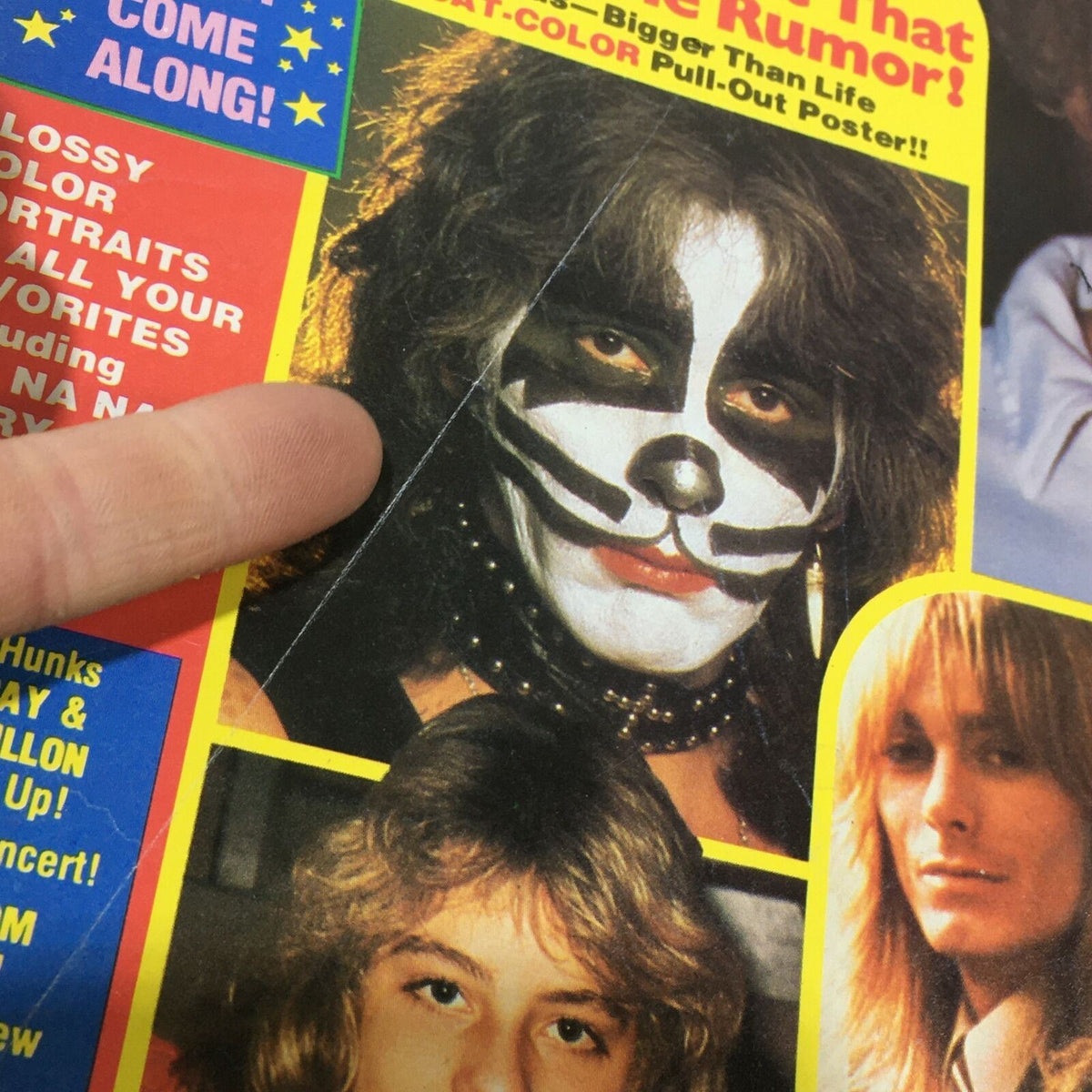 Close-up of VTG 16 Magazine: August 1980 cover highlighting Peter Criss in full KISS makeup, additonally featuring Leif Garrett, conveying the essence of vintage pop culture.