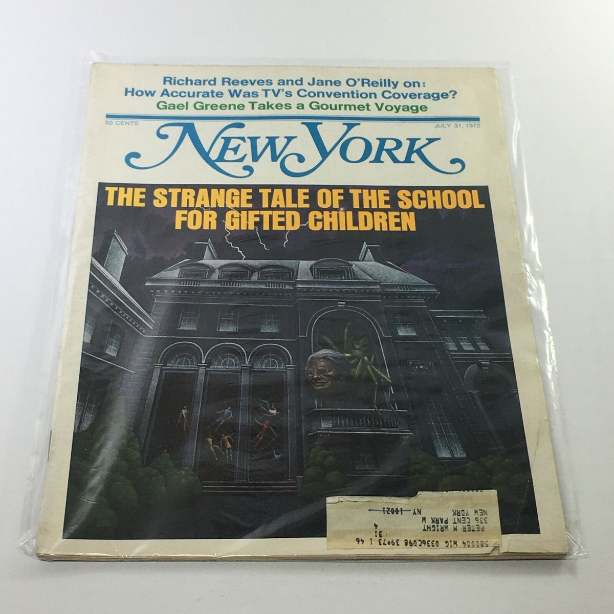 Cover of New York Magazine, July 31, 1972 issue featuring the title 'Gael Greene Takes A Gourmet Voyage' along with the headline 'The Strange Tale of the School for Gifted Children.' The magazine's design showcases vibrant colors and imagery, capturing a snapshot of 1970s New York culture.