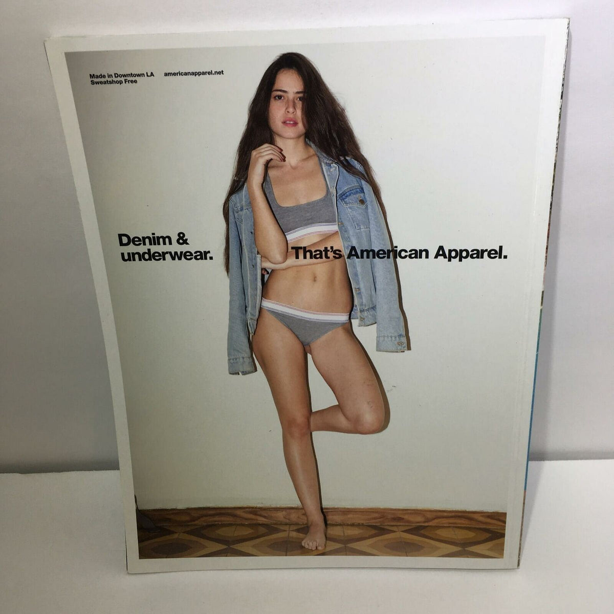 Back cover of Vice Magazine: Free Volume 22 Number 2 showcasing a model wearing denim and underwear, promoting American Apparel.
