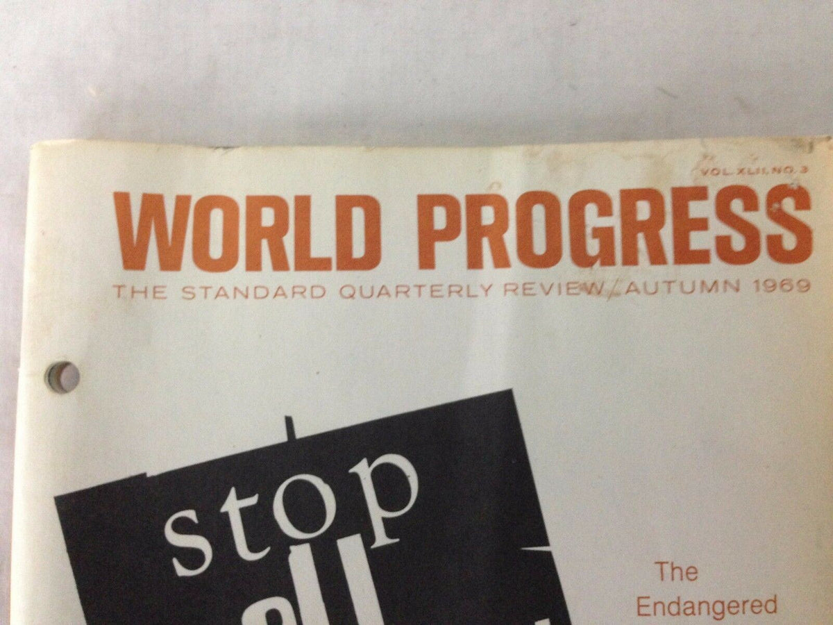 Close-up of the header on World Progress Quarterly Magazine Autumn 1969, showcasing the title and publication details, emphasizing environmental awareness.