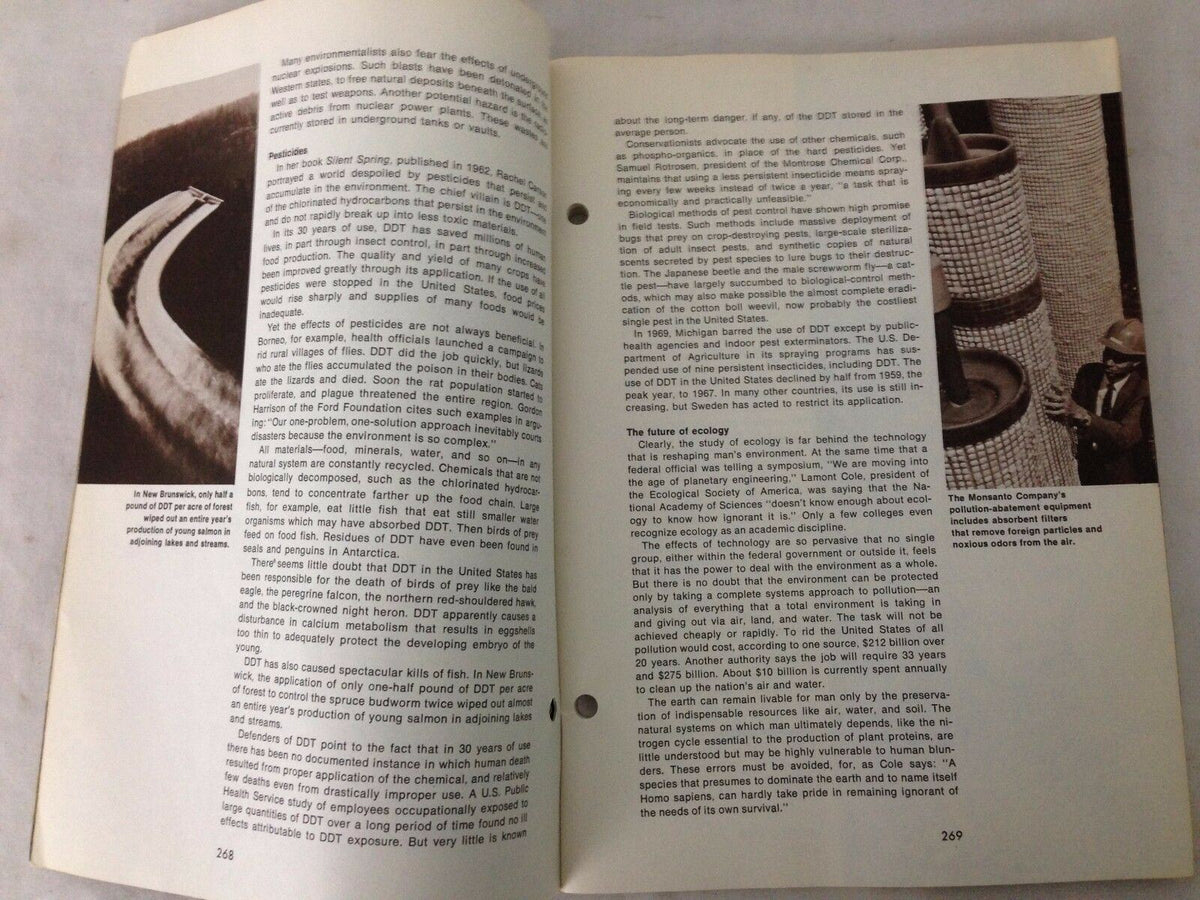 Interior pages of the World Progress Quarterly Magazine Autumn 1969, featuring articles discussing the impacts of pesticides on the environment, including concerns about DDT and its effects on wildlife. This is part of the Stop All Pollution Edition.