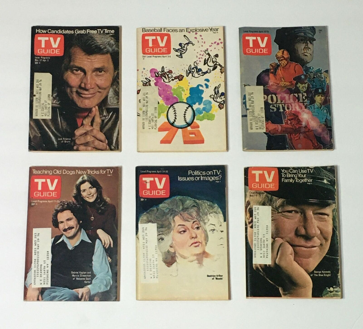 Complete Year Of TV Guide Magazines 1976, 52 Issues: Special Issue Fall Preview featuring covers of various TV Guide magazines from April 1976 with headlines on topics like TV time, baseball, and politics.