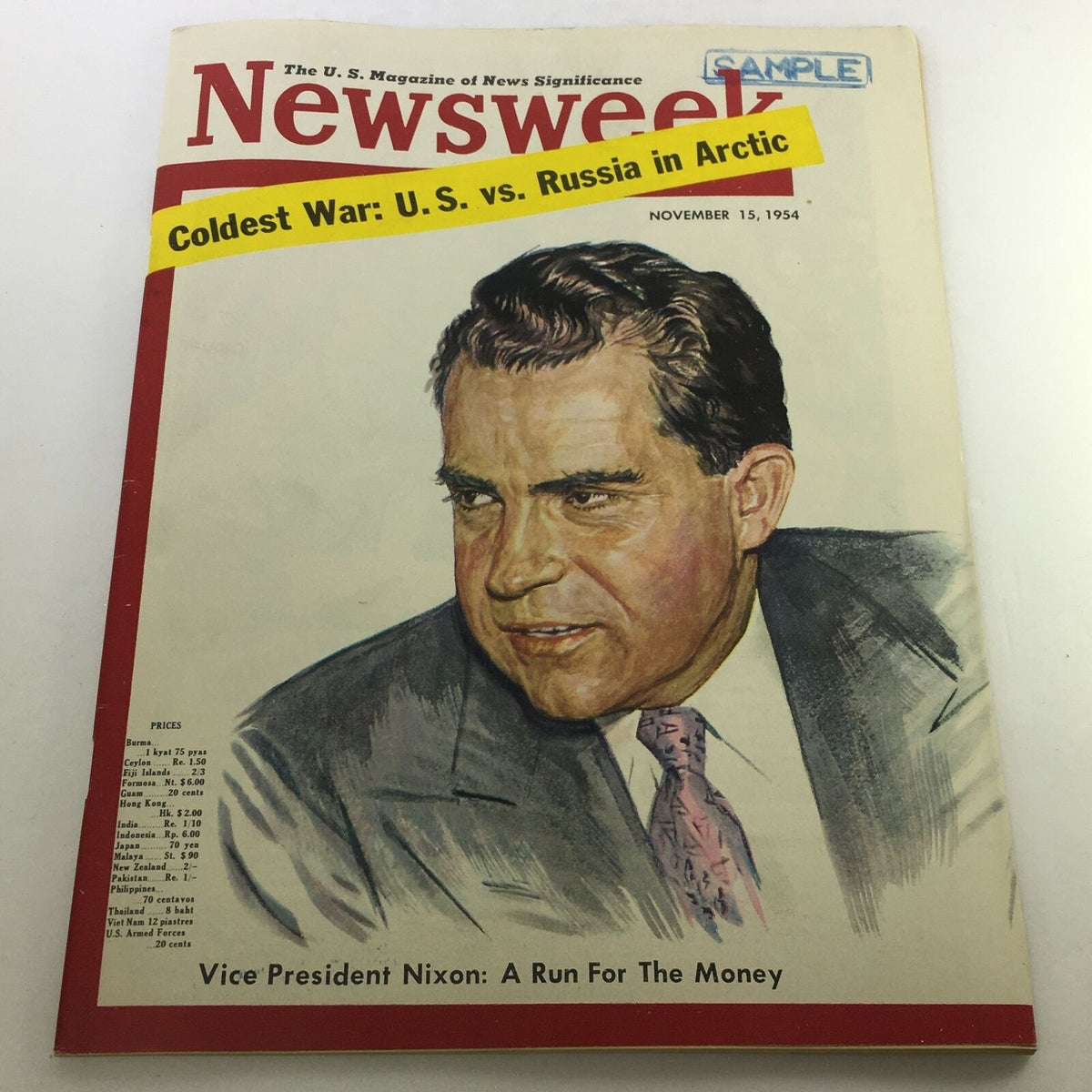 Vintage Newsweek Magazine cover from November 15, 1954 featuring Vice President Richard Nixon, highlighting the Cold War theme with an emphasis on U.S. vs. Russia in the Arctic.