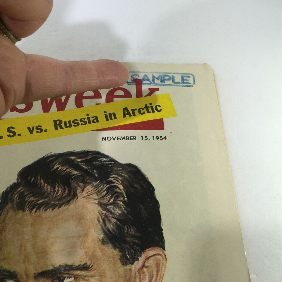 Close-up of the November 15, 1954 Newsweek Magazine cover featuring Vice President Richard Nixon, including the 'SAMPLE' label and the Cold War headline.