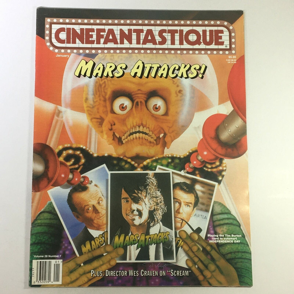 Cinefantastique January 1996 Vol 28 #7 - Mars Attacks magazine cover featuring a vibrant illustration of an alien creature, with images of characters from Mars Attacks, showcasing its unique blend of humor and horror.