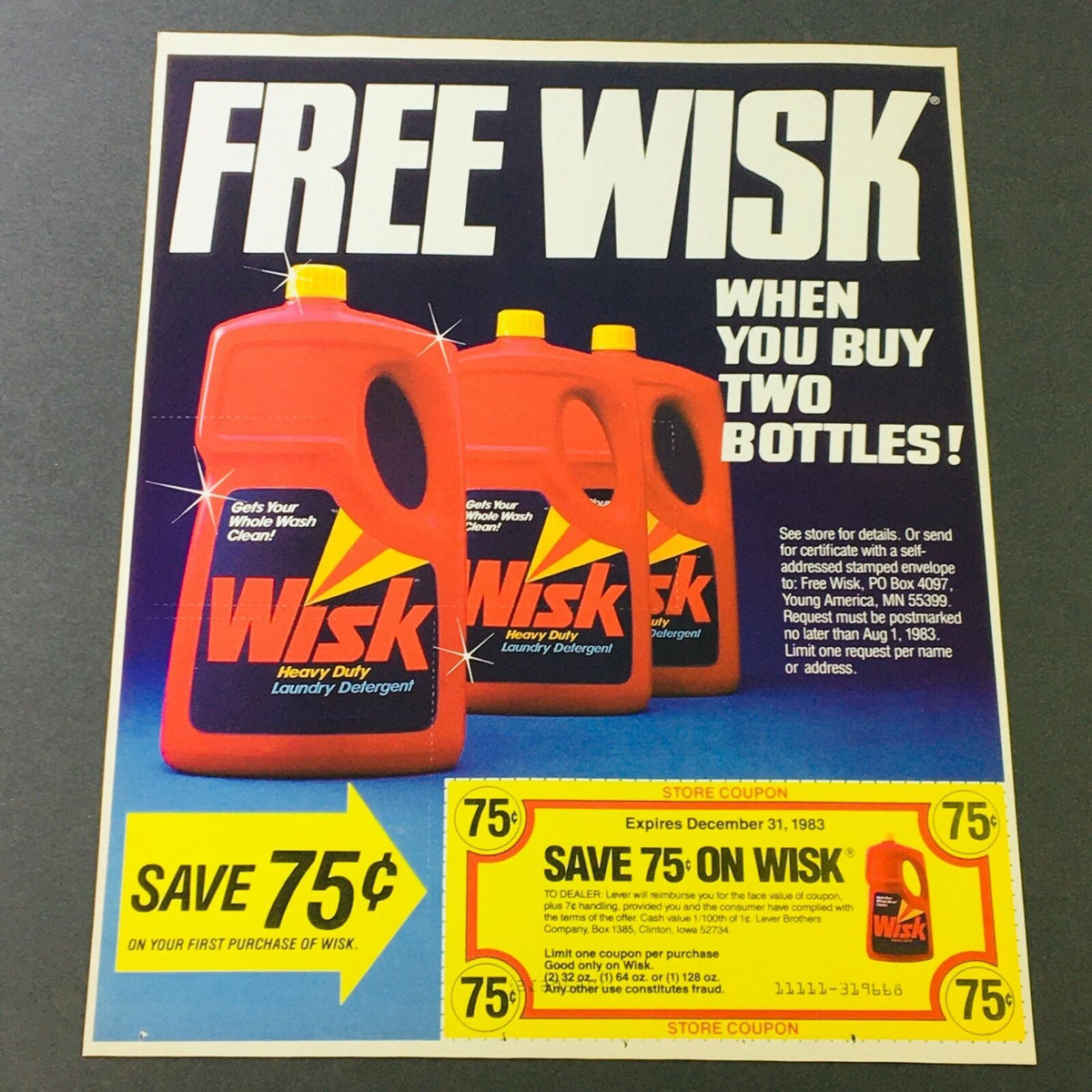 VTG Retro 1983 Wisk Laundry Detergent & O.B. Summer Design Sweepstakes Ad Coupon showcasing a vibrant advertisement with three bottles of Wisk laundry detergent and a coupon to save 75 cents on the first purchase.