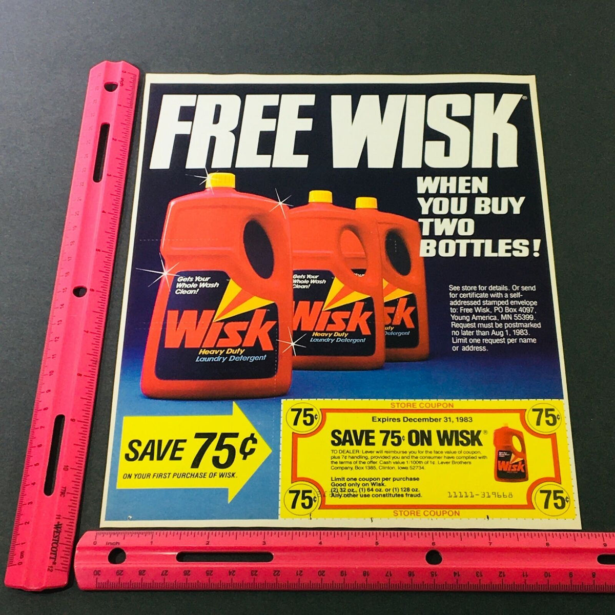 VTG Retro 1983 Wisk Laundry Detergent & O.B. Summer Design Sweepstakes Ad Coupon displaying close-up of Wisk laundry detergent bottles, emphasizing a promotion to save 75 cents on the first purchase.