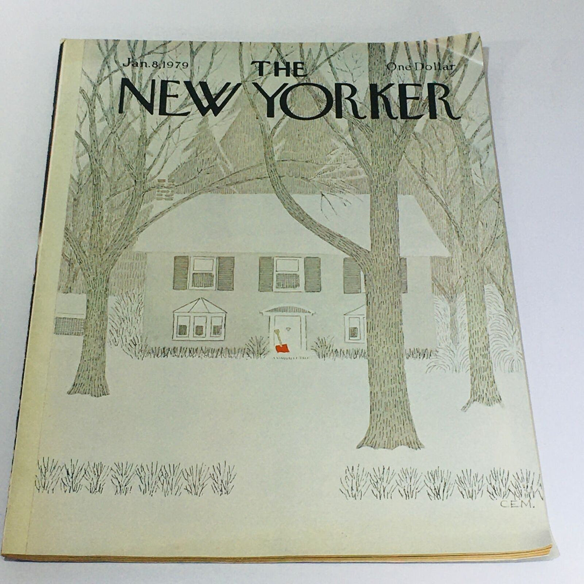 The New Yorker January 8, 1979 magazine cover featuring a serene winter scene with a white house, trees, and a pop of red color, illustrated by Charles E. Martin.