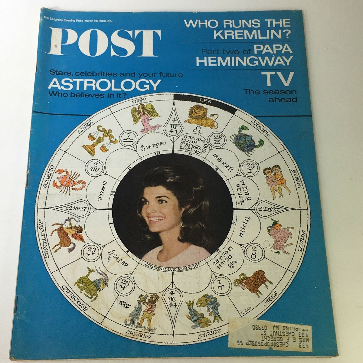 VTG The Saturday Evening Post March 26 1966 cover featuring Jacqueline Kennedy and astrology-themed graphics, showcasing zodiac symbols and a portrait of Kennedy at the center.