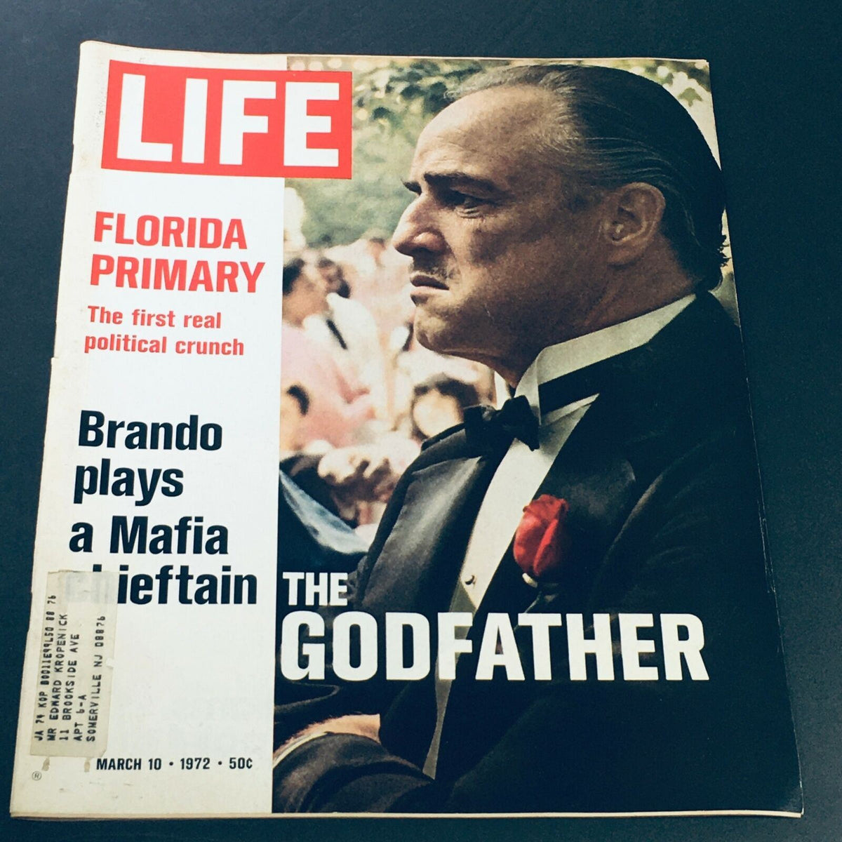 Cover of the March 10, 1972 issue of Life Magazine featuring Marlon Brando as a Mafia chieftain, with the headline 'Brando plays a Mafia Chieftain' and a red rose on his tuxedo. The magazine also mentions 'Florida Primary' and highlights political events of the era.