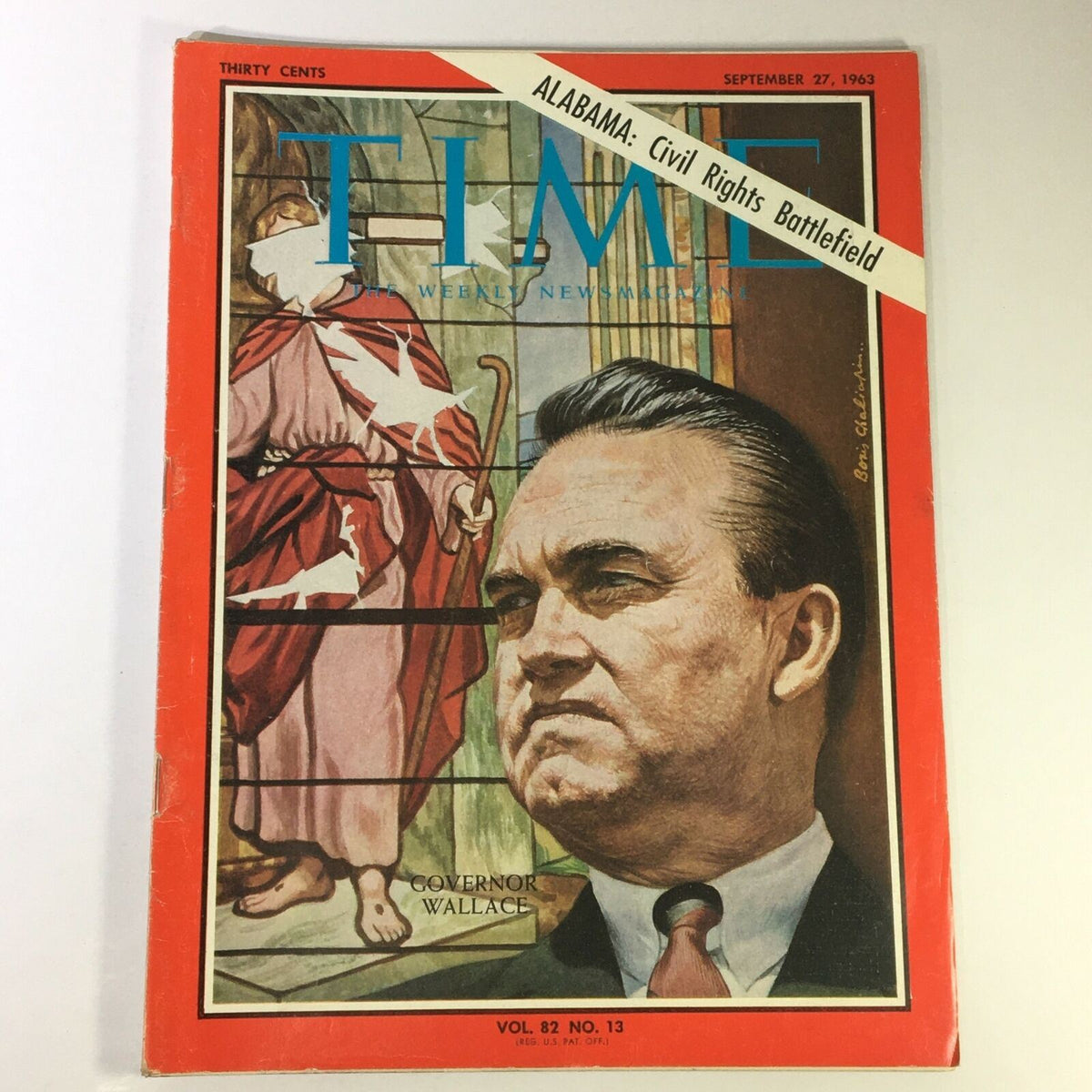 Vintage Time Magazine from September 27, 1963 featuring George Wallace, Governor of Alabama, with a cover illustration depicting civil rights themes and socio-political tensions of the 1960s.
