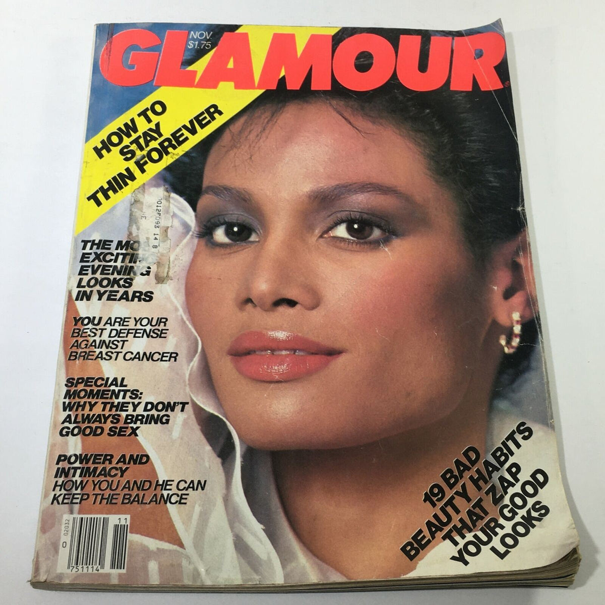 Cover of 'Glamour' magazine from November featuring an elegant model with makeup, showcasing articles about beauty and lifestyle, related to the VTG Mademoiselle Magazine: November 1982 - Beverly Johnson Beautiful Cover.