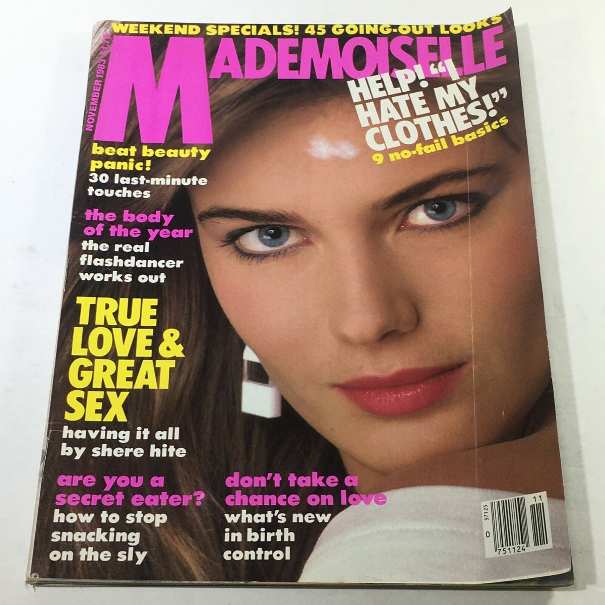 Mademoiselle Magazine cover from November 1983 featuring bold headlines and a striking fashion model. The cover highlights articles on beauty, relationships, and style, making it a notable piece for vintage magazine collectors.