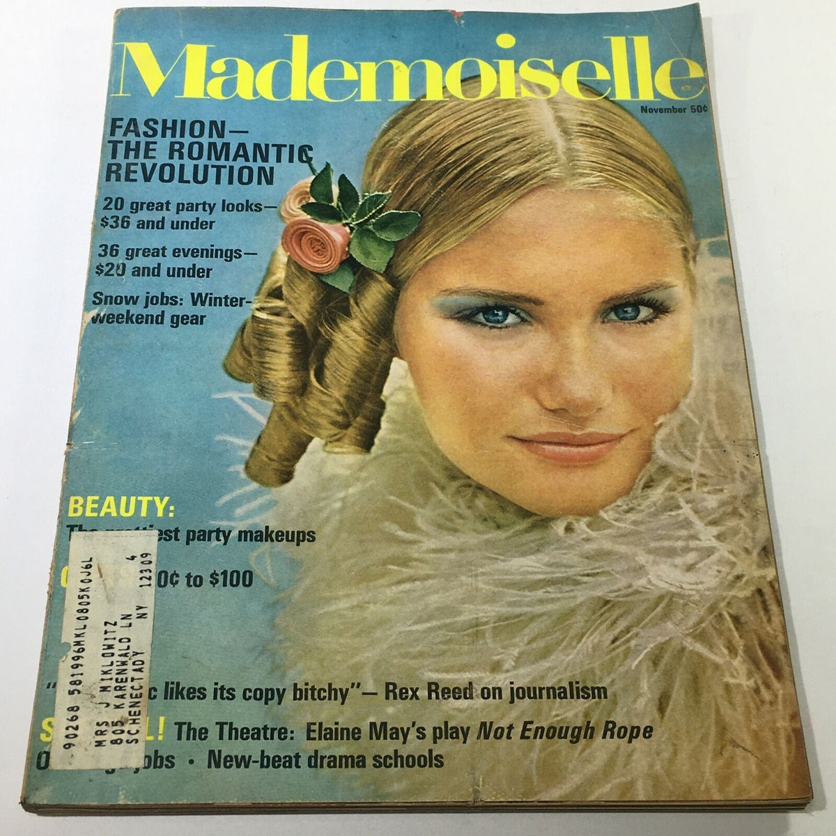 VTG Mademoiselle Magazine cover from November 1967 featuring a model with stylish hair and makeup, showcasing fashion trends and beauty features of the era.