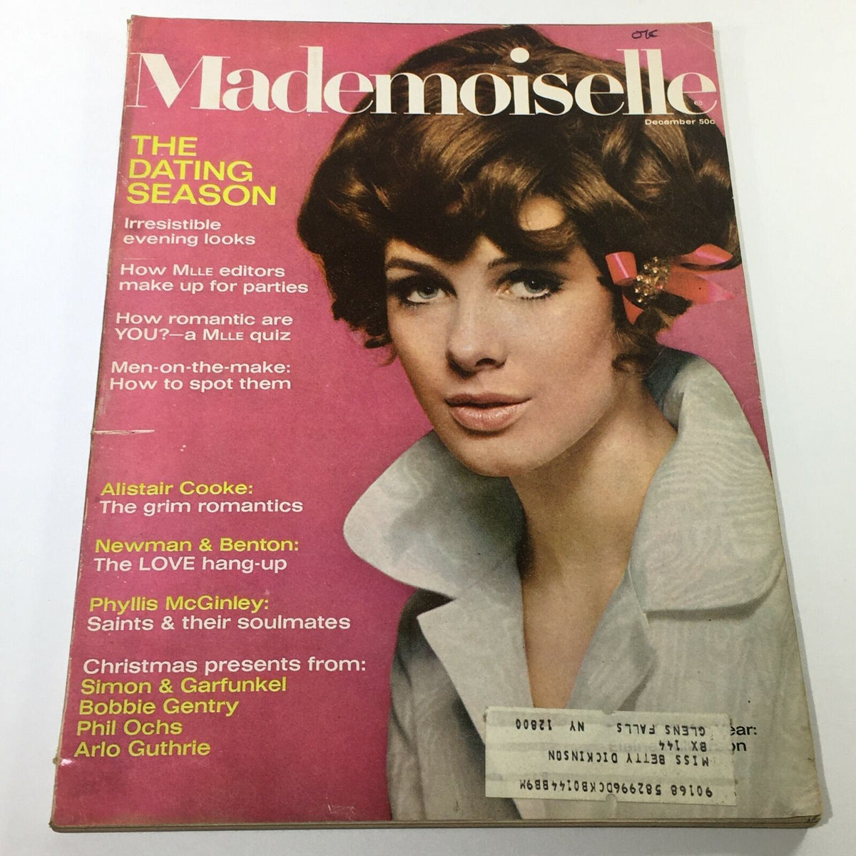 Vintage Mademoiselle Magazine cover from December 1967 featuring a beautiful model, showcasing the fashion and style of the 1960s.