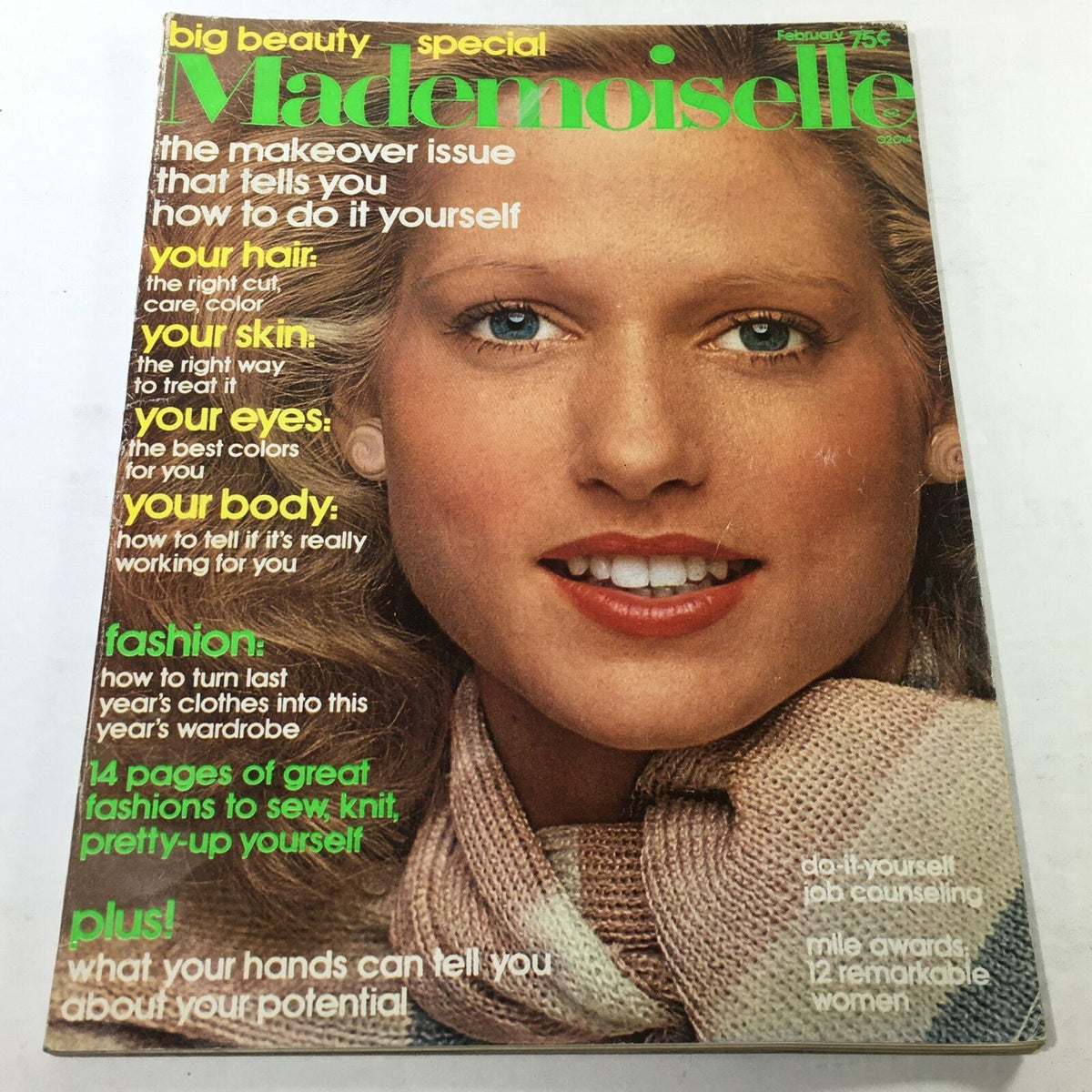 VTG Mademoiselle Magazine: February 1975 Cover featuring a close-up of a model with striking features, showcasing 70s beauty trends and the magazine's focus on fashion and style.