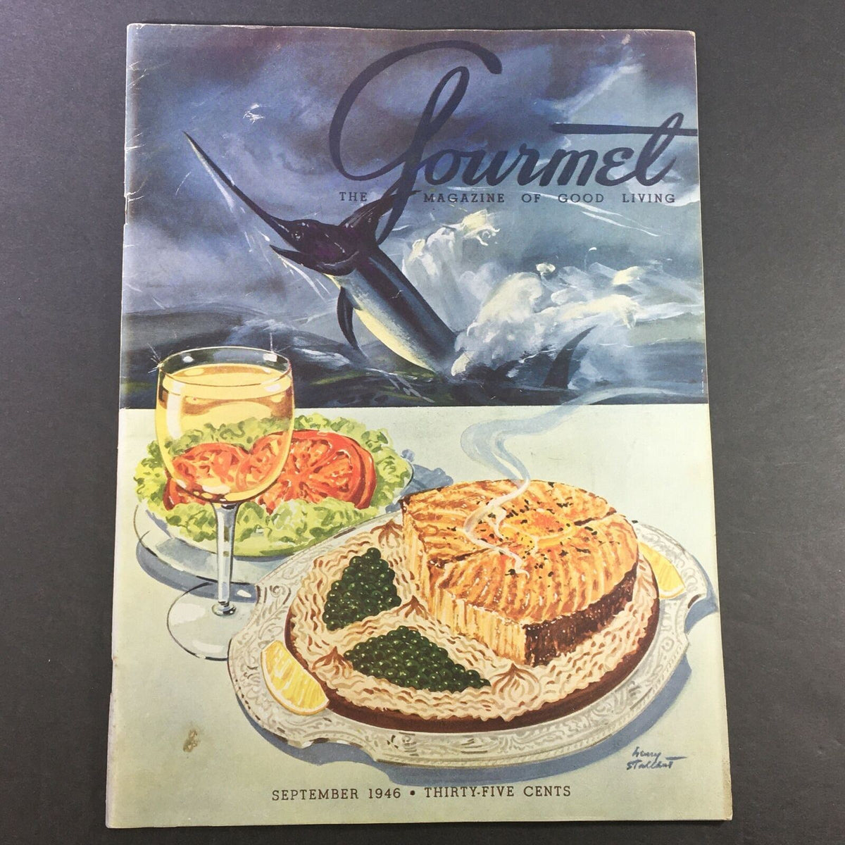 Cover of VTG Gourmet Magazine September 1946 featuring a colorful illustration of seafood dish, a glass of wine, and a marlin emerging from the water, highlighting the culinary themes of the issue.