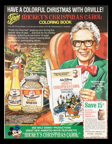 1984 Orville Redenbacher's Gourmet Popcorn Circular Coupon Advertisement featuring a colorful Mickey Mouse themed coloring book promotion with details about the offer and expiration date.