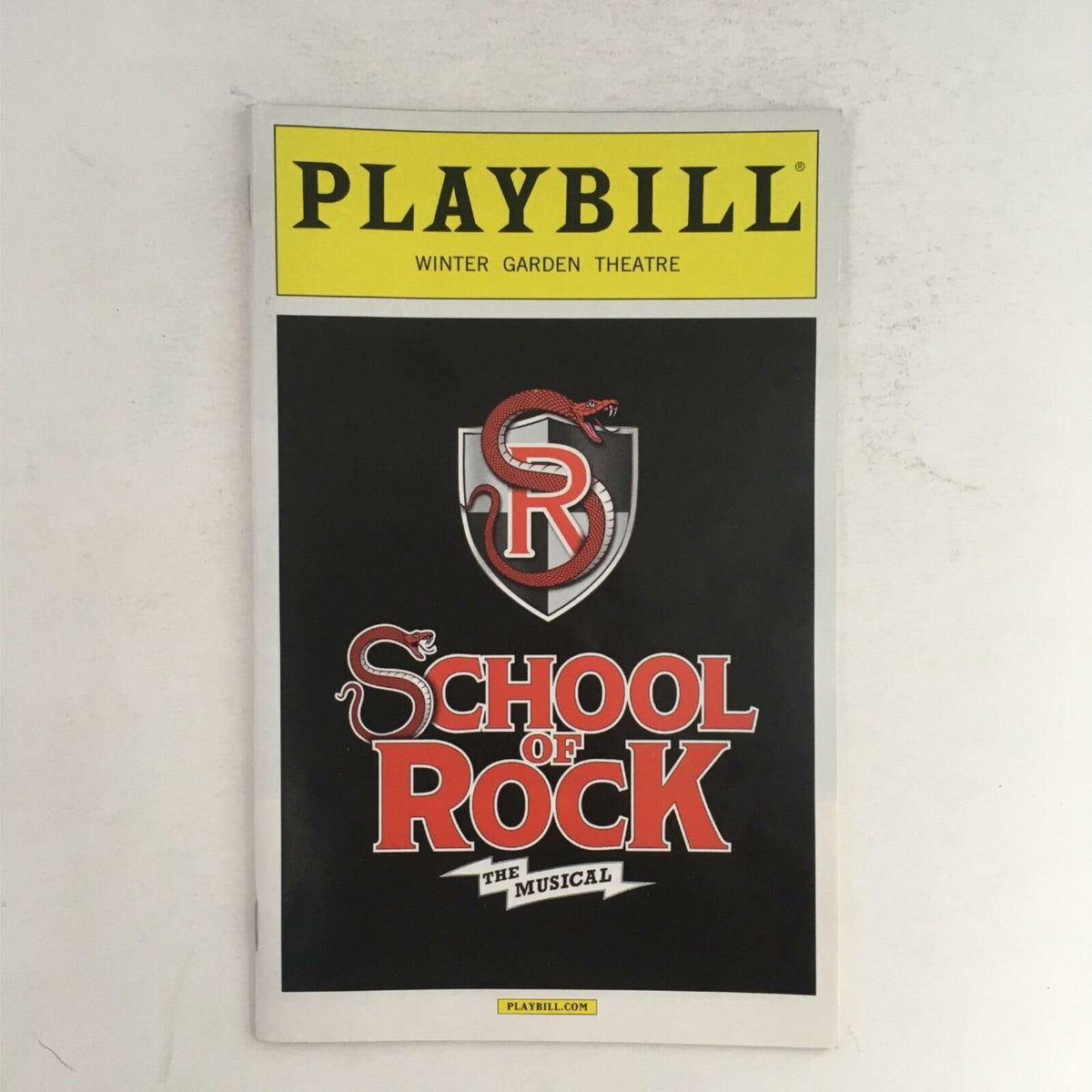 2016 Playbill for School of Rock The Musical at Winter Garden Theatre featuring iconic logo and title design.