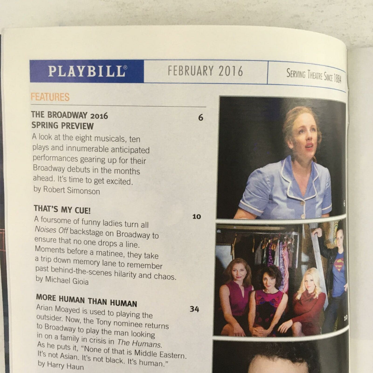 Inside pages of the February 2016 Playbill showcasing articles and features related to Broadway musicals.