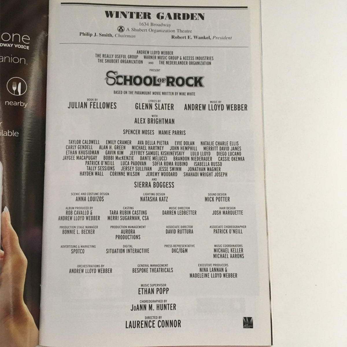 2016 Playbill for School of Rock The Musical featuring cast and production details at Winter Garden Theatre