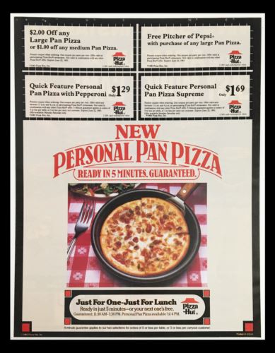 1983 Pizza Hut Personal Pan Pizza Circular Coupon Advertisement featuring offers for Personal Pan Pizza and pricing details, showcasing the nostalgia of 1980s fast food culture.