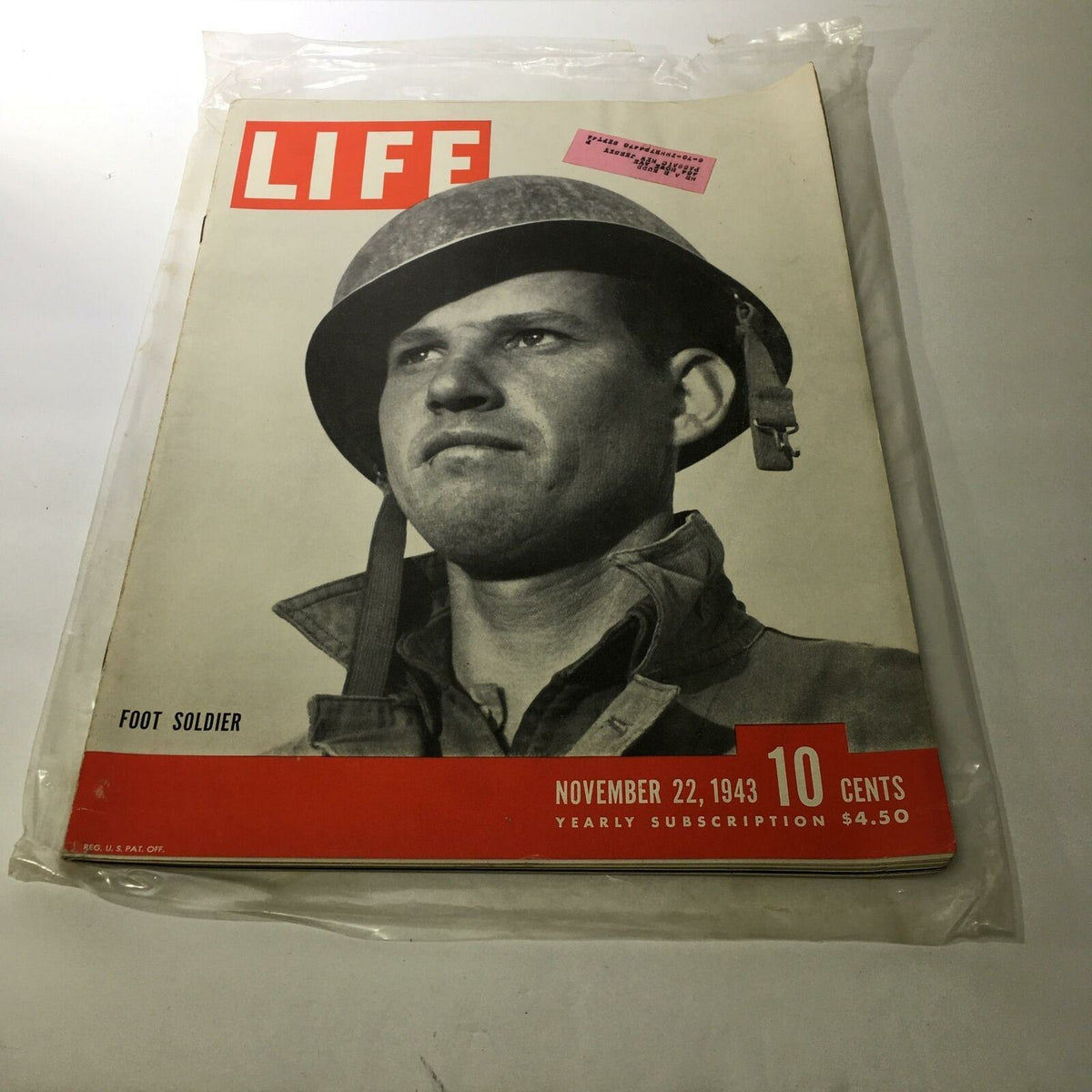 Cover of Life Magazine from November 22, 1943 featuring the title 'Foot Soldier'. The image depicts a soldier in a helmet, highlighting a pivotal moment in World War II. Ideal for collectors and history enthusiasts.