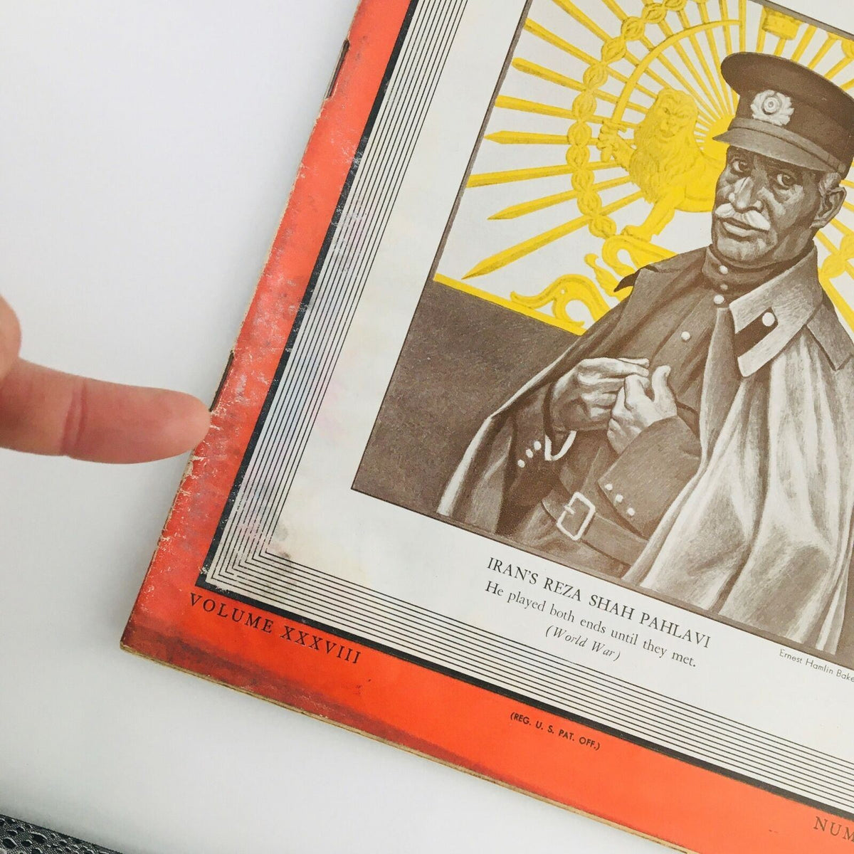 Cover detail of Time Magazine September 8, 1941 featuring Iranian Monarch Reza Shah Pahlavi, showcasing intricate artwork and details of Volume 38, Issue 10.