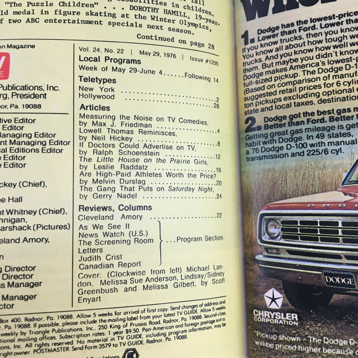 Interior page of TV Guide Magazine May 29 1976 displaying local programs and articles related to television comedies, including references to 'Little House on the Prairie'.