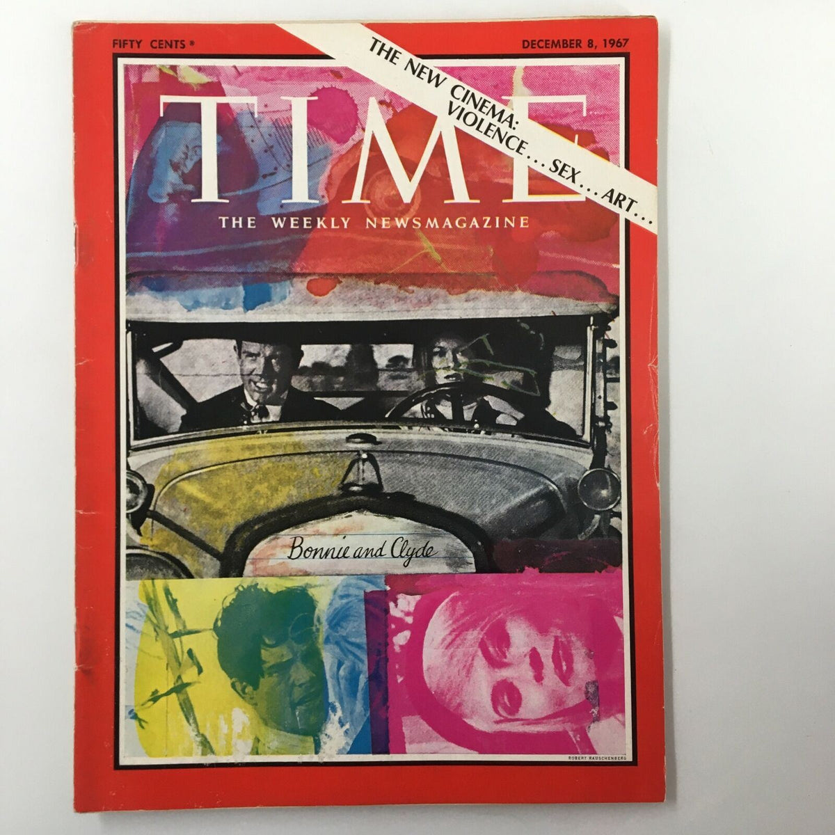 Vintage Time Magazine December 8 1967 cover featuring 'The New Cinema: Violence, Sex, and Art' with artistic illustrations and a scene from 'Bonnie and Clyde'.