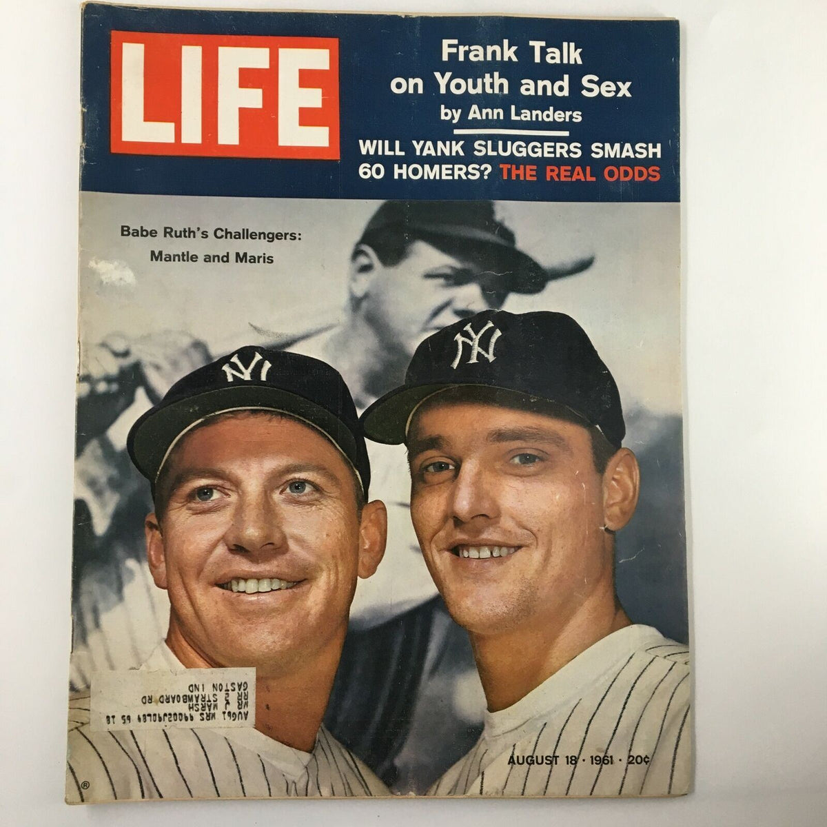 VTG Life Magazine August 18 1961 cover featuring Mickey Mantle and Roger Maris, two legendary baseball players during an iconic era, highlighting Babe Ruth’s challengers.