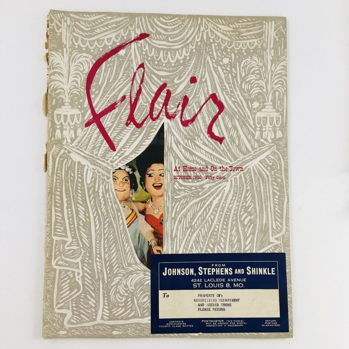 Cover of VTG Flair Magazine October 1950 Vol. 1 No. 9 titled 'At Home and On the Town', showcasing illustrated characters and a decorative design.