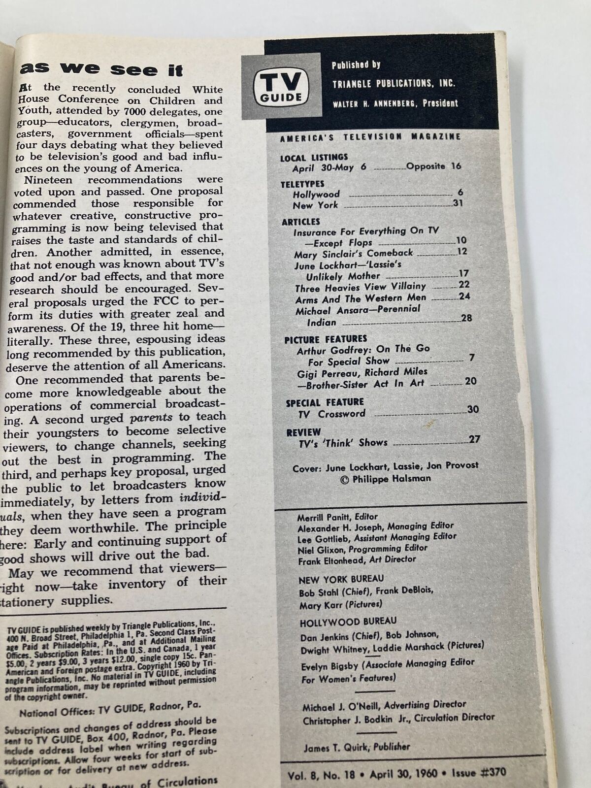 Interior page of TV Guide Magazine April 30, 1960 featuring articles and local listings, showcasing June Lockhart as the cover star.