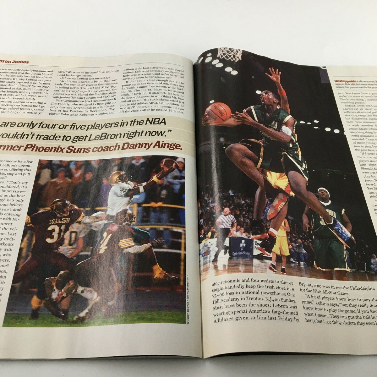 Another page from Sports Illustrated Magazine February 18, 2002, showcasing LeBron James in action during a basketball game, emphasizing his incredible athleticism and talent.