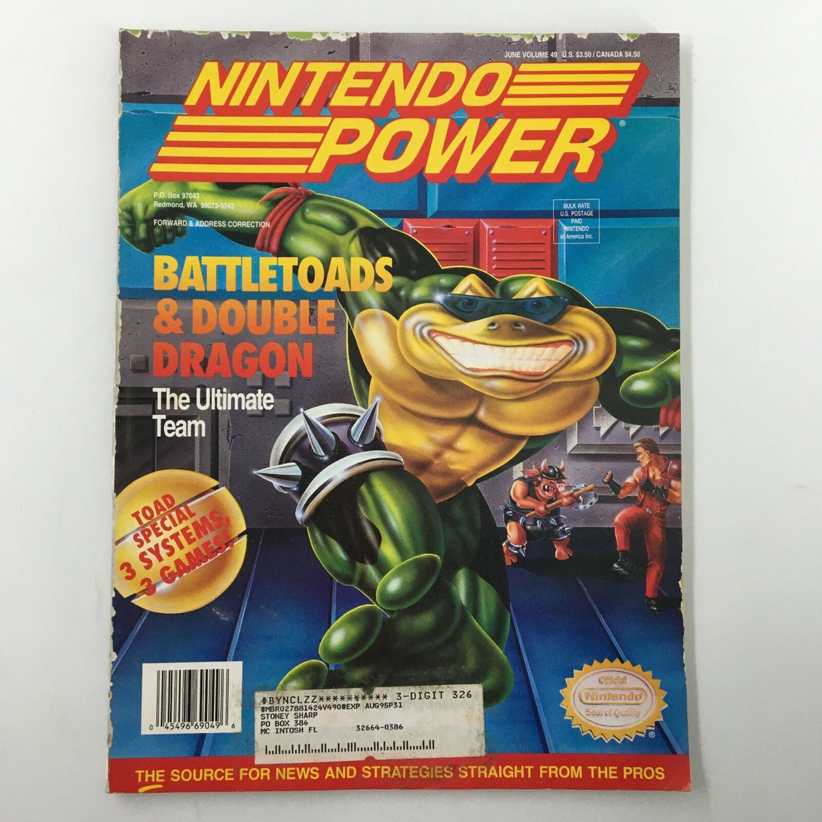 Cover of Nintendo Power Magazine June 1993 Issue #49 featuring Battletoads & Double Dragon, showcasing vibrant artwork of characters from the game and a nostalgic design.