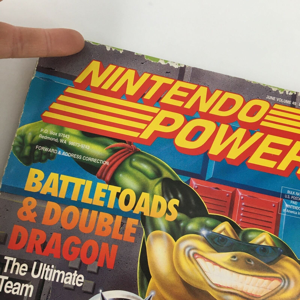 Close-up of the cover of Nintendo Power Magazine June 1993 Issue #49 highlighting Battletoads & Double Dragon, with emphasis on the title and imagery of the iconic characters.