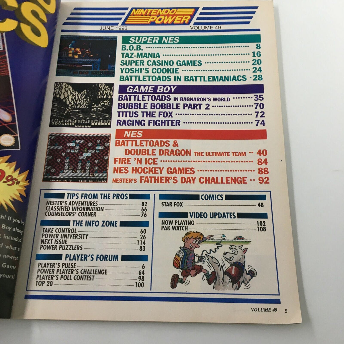 Interior page of Nintendo Power Magazine June 1993 #49 displaying the table of contents including Battletoads & Double Dragon.
