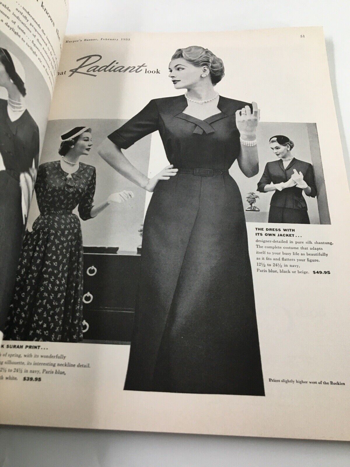 Harper's Bazaar Magazine February 1953 showcasing a model in an elegant dress with a unique silhouette, highlighting post-war fashion trends and the artistic photography of Richard Avedon.
