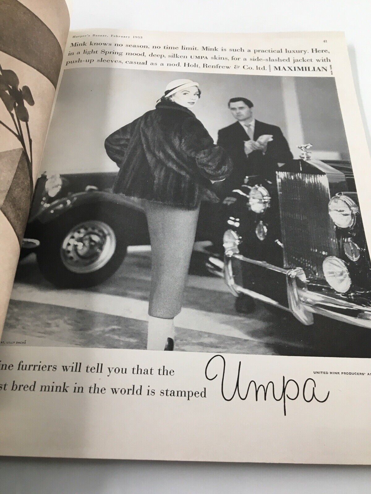 Harper's Bazaar Magazine February 1953 featuring a model wearing a stylish mink coat in a luxurious setting, showcasing mid-century fashion trends.