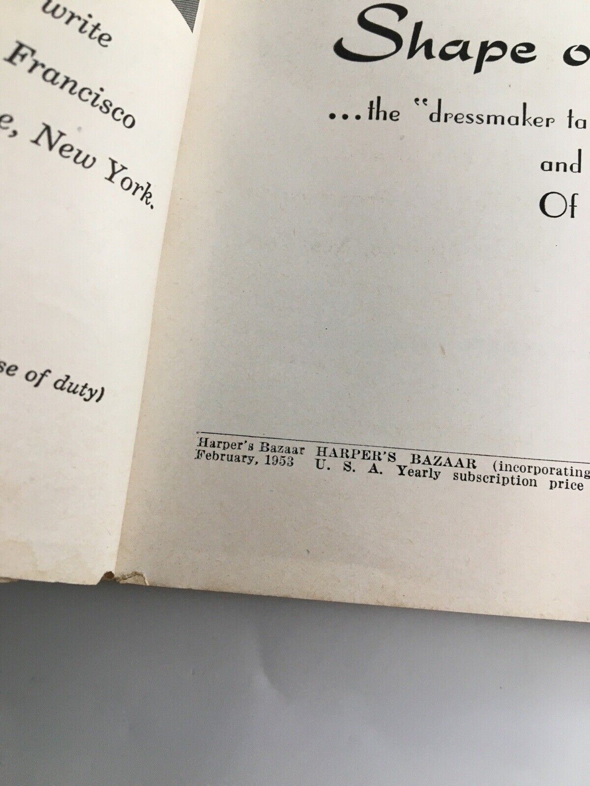 Inside page of Harper's Bazaar Magazine February 1953 featuring the magazine title and publication details, reflecting the vintage print journalism and design aesthetics of the era.