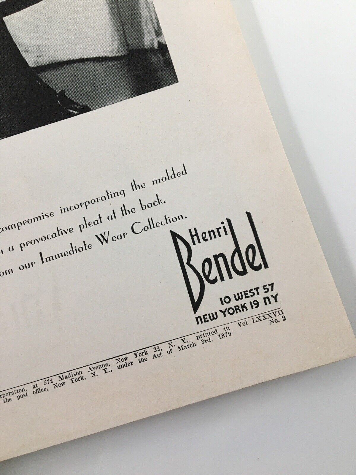 Detail view from Harper's Bazaar Magazine February 1953 showcasing an advertisement for Henri Bendel, presenting a stylish tailored outfit that highlights 1950s fashion trends.